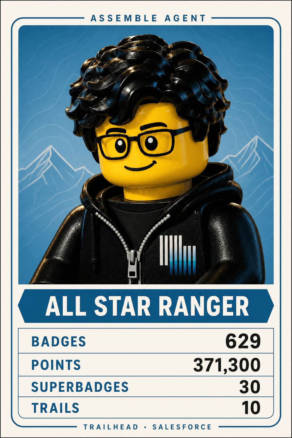 Assemble Agent Trailhead scorecard: All Star Ranger with 629 badges, 371,300 points, 30 Superbadges, and 10 trails.